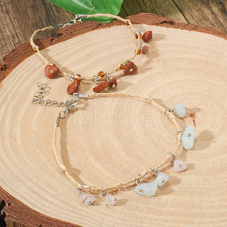 Bohemian Style Synthetic Goldstone and Natural Stone Chip Tassel Raffia Cord Double Layer Anklets FS-WGA75A5-02-1