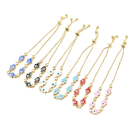 Clear Cubic Zirconia & Enamel Hamsa Hand with Evil Eye Links Slider Bracelet BJEW-A127-02G-1