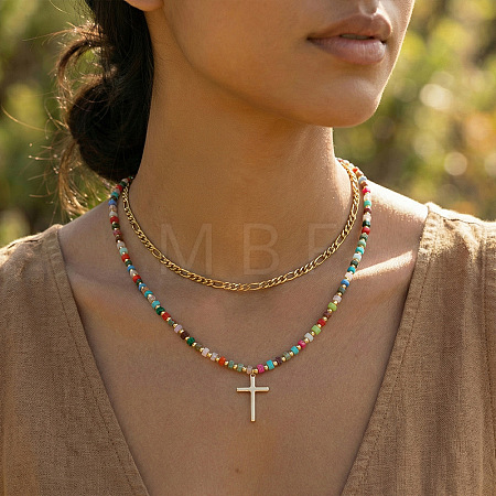 Stainless Steel Religion Cross Pendant Colorful Natural Mixed Gemstone Heishi Beaded Double Layer Necklaces for Women OM0198-1-1