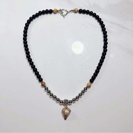 European 8mm Black Glass Beaded Natural Picture Jasper Pyramid Pendant Necklaces with Alloy OT Clasps for Men WW6368-2-1