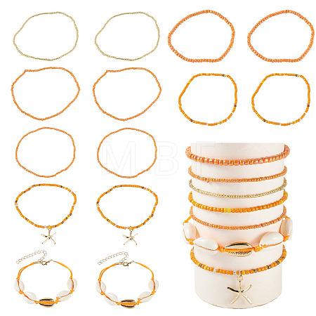 2 Bags Summer Beach Glass Seed Beaded & Natural Shell & Alloy Starfish Charm Anklet Sets AJEW-TA0003-69C-1