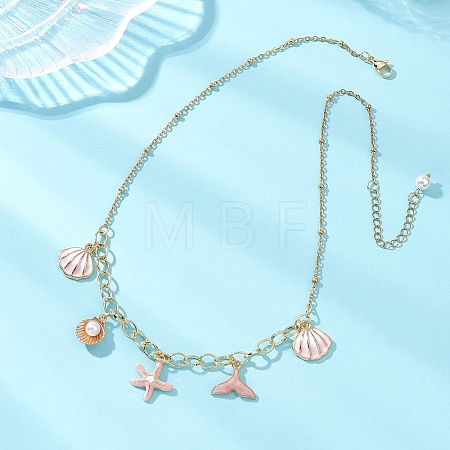 Ocean Alloy Enamel Whale Tail Shell Shape Starfish Pendant Brass Cable Chain and 304 Stainless Steel Satellite Chain Bib Necklaces for Women NJEW-JN05815-02-1
