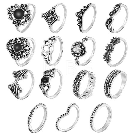 15Pcs 15 Style Crystal Rhinestone Rhombus & Lotus & Crown Finger Rings Set JR940A-1