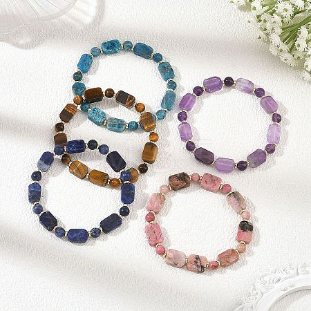Natural Mixed Stone Rectangle and Round Beaded Stretch Bracelets BJEW-JB14493-1