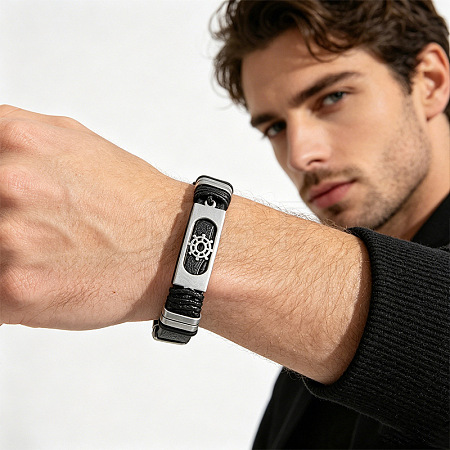 304 Stainless Steel & Black Imitation Leather Cord Bracelets for Men WG9A637-01-1