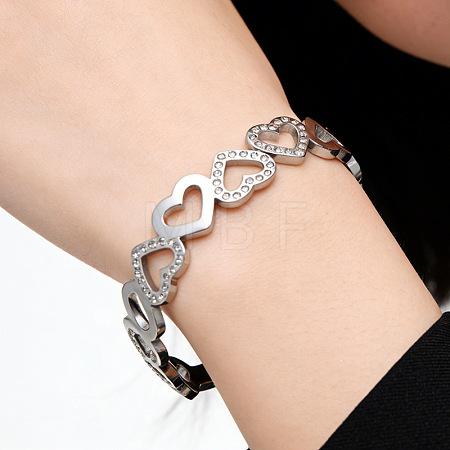Hollow Heart 304 Stainless Steel Bangles for Women BJEW-A166-01B-P-1