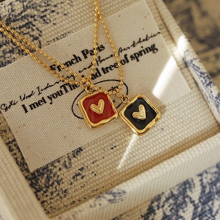 2Pcs 2 Colors 304 Stainless Steel Enamel Square with Heart Pendant Ball Chain Necklaces for Women WG91C7F-01-1