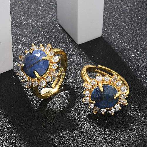 Sunflower Natural Lapis Lazuli Finger Rings RJEW-B113-03G-02-1