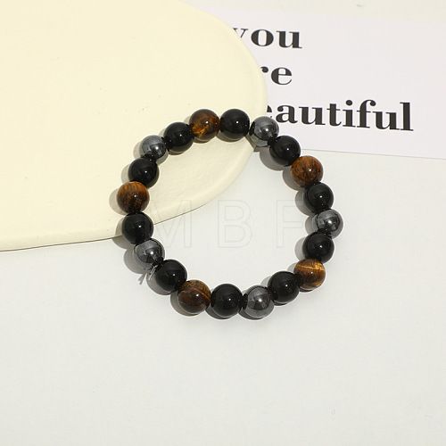 Dyed Natural Tiger Eye & Obsidian Round Beaded Stretch Bracelet PW-WG77768-02-1