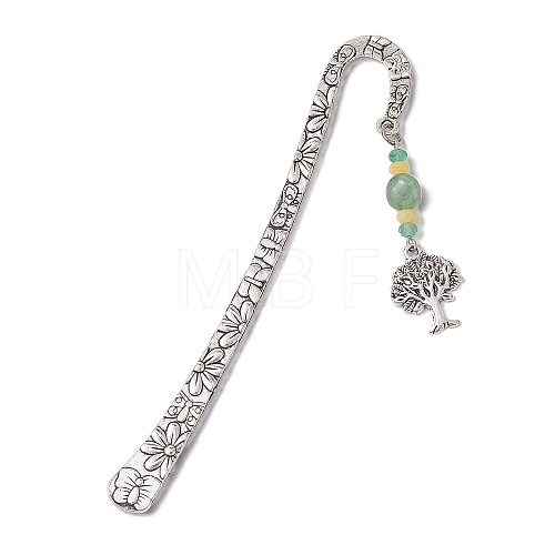 Natural Malaysia Jade & Green Aventurine Beaded Pendant Bookmarks with Alloy Tree of Life AJEW-JK00255-01-1