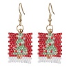 Rectangle with Christmas Tree Glass Seed Bead with 304 Stainless Steel Dangle Earrings EJEW-MZ00535-2