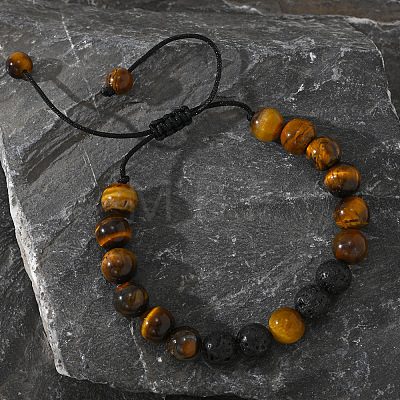 Natural Lave Rock & Tiger Eye Round Beads Braided Bead Bracelets AW3107-2-1