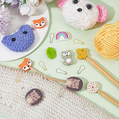  DIY Donut & Fox & Leaf & Rainbow Silicone Beads Knitting Needle Protectors/Knitting Needle Stoppers with Stitch Markerss IFIN-NB0001-54-1