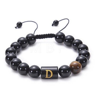 10MM Natural Black Onyx(Dyed & Heated) and Tiger Eye Alphabet Round Braided Bead Adjustable Bracelets for Women DM6424-4-1