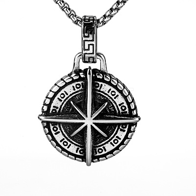 Vintage 304 Stainless Steel Viking Star Compass Pendant Box Chain Necklaces for Men WG56084-01-1