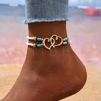 Glass Seed Beads & Alloy Heart Link Anklets WGBE152-04-1