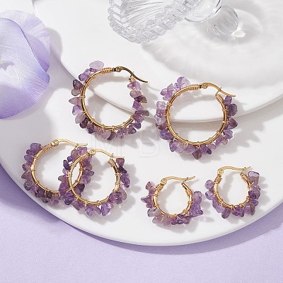 3 Pairs 3 Size Natural Amethyst Chips Hoop Earrings EJEW-JE05710-06-1