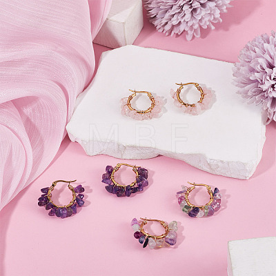 3 Pairs 3 Styles Natural Gemstone Chips Braided Hoop Earrings EJEW-TADJ00003-1