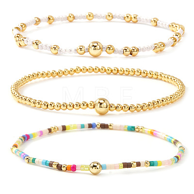 3Pcs 3 Styles Glass Seed Beads & Brass Beads Stretch Bracelets Set for Women VQ8944-4-1
