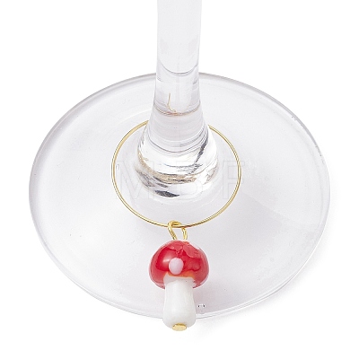 Handmade Lampwork Mushroom Wine Glass Charm AJEW-JO00216-1