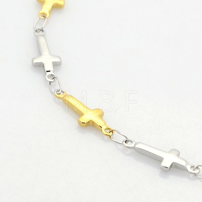 Two Tone Religious Catholic Jewelry 304 Stainless Steel Cross Link Chain Bracelets STAS-O036-09M-1