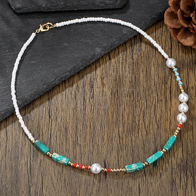 Bohemian Cuboid Dyed Natural Imperial Jasper & Red Agate & Synthetic Turquoise & Imitation Pearl & Glass Seed Beaded Necklaces TE0574-2-1