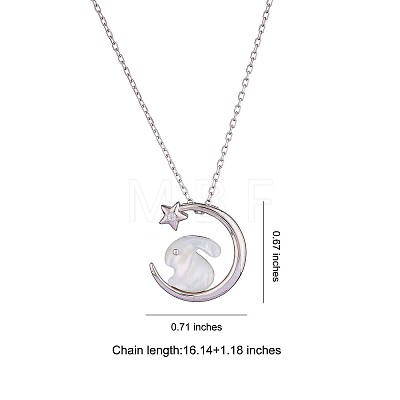 Anti-Tarnish Natural Shell Bunny with Crescent Moon Pendant Necklace with Clear Cubic Zirconia JN1073B-1