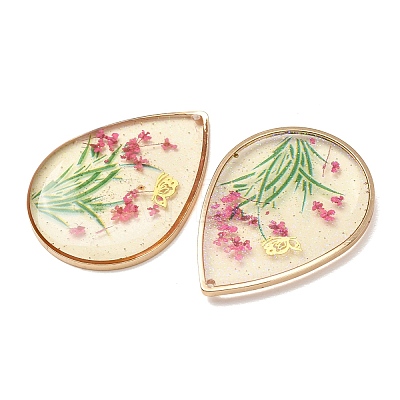 Brass & Transparent Epoxy Resin & Dried Flower Pendants RESI-G133-02G-06-1