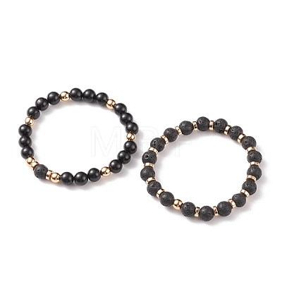 2Pcs 2 Style Natural Lava Rock & Wood & Synthetic Hematite Stretch Bracelets Set BJEW-JB08417-1