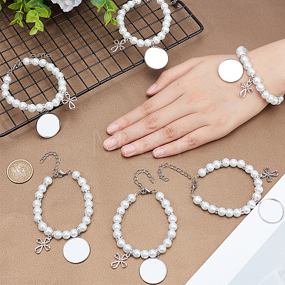 6Pcs 304 Stainless Steel Flat Round Sublimation Blank Tag Charm Bracelets with Glass Pearl Beaded BJEW-CA0001-06-1