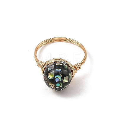 Eco-Friendly Copper Wire with Natural Abalone Shell Beads Finger Rings RJEW-JR01099-1