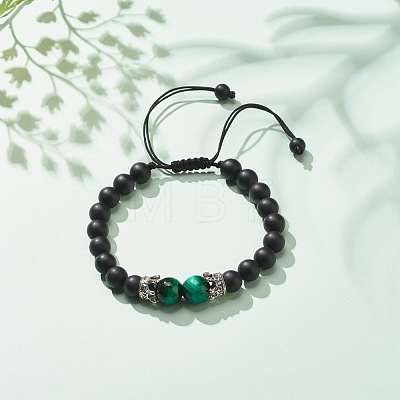 Natural Frosted Black Agate(Dyed) & Tiger Eye Braided Bead Bracelet with Alloy Crown BJEW-JB08249-04-1
