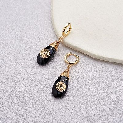 Natural Black Agate Teardrop with Spiral Dangle Hoop Earrings EJEW-SW00011-20-1