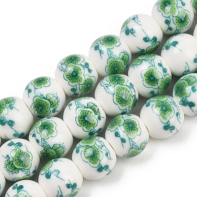 Handmade Flower Printed Porcelain Ceramic Beads Strands PORC-M007-10mm-16-1