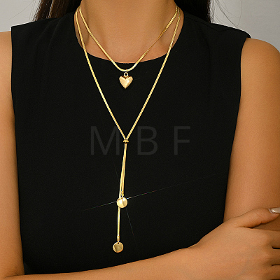 Minimalist European Style Stainless Steel & Alloy Heart Pendant Snake Chain Y-Shaped Double Layer Necklace for Women Daily Wear Gift ZC6698-1-1
