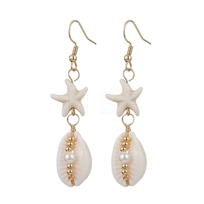 Star with Shell Shape Synthetic Turquoise Beads Dangle Earrings EJEW-JE06398-02-1