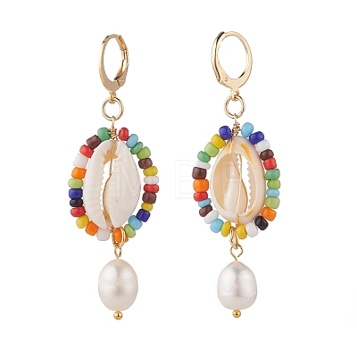 Natural Shell and Pearl Wrapped Dangle Hoop Earrings EJEW-TA00049-1
