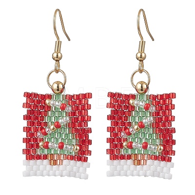 Rectangle with Christmas Tree Glass Seed Bead with 304 Stainless Steel Dangle Earrings EJEW-MZ00535-1