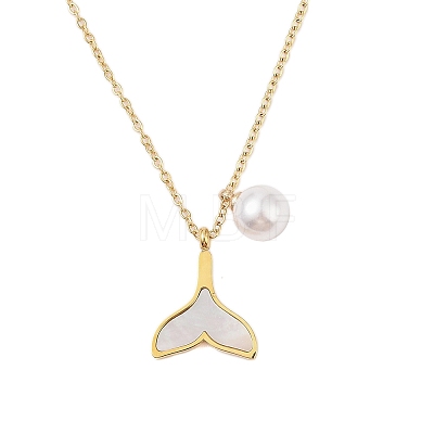 Round ABS Imitation Pearl & Shell Whale Tail Pendant Necklaces NJEW-N055-06G-1