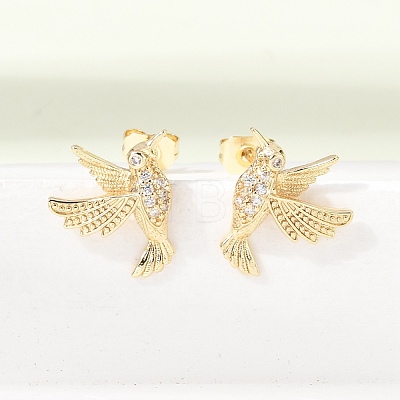 Hummingbird Brass Micro Pave Clear Cubic Zirconia Stud Earrings EJEW-L311-02G-1