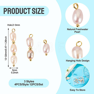 12Pcs 3 Styles Natural Cultured Freshwater Pearl Rice Pendants PALLOY-TA00378-1