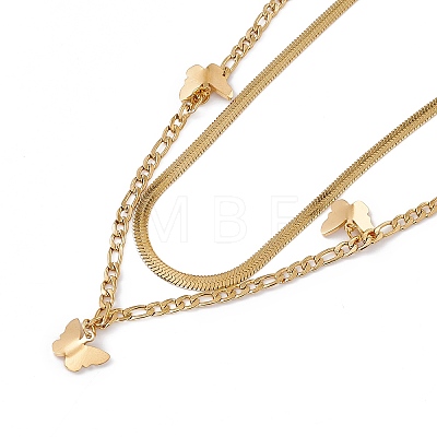 304 Stainless Steel Herringbone & Figaro Chains Double Layer Necklace with Butterfly Charms for Women NJEW-P269-13G-1