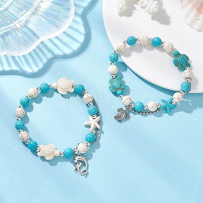 2Pcs Synthetic Turquoise Beaded Stretch Bracelets BJEW-JB13292-1