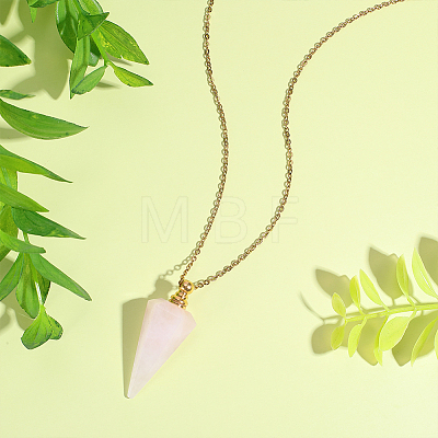 Natural Rose Quartz Faceted Cone Pendant Perfume Bottle Necklaces with 304 Stainless Steel Cable Chain NJEW-WH0002-266E-1