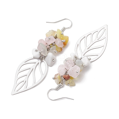 Leaf 201 Stainless Steel Natural Rose Quartz & Natural Howlite & Natural White Moonstone & Natural Yellow Opal Chip Dangle Earrings EJEW-JE06138-01-1