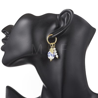 Brass Flower with Leaf Hoop Earrings EJEW-JE06745-1