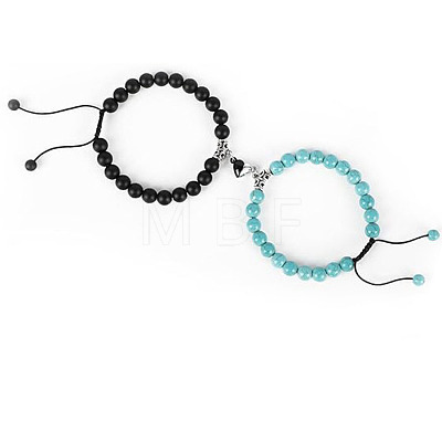 2Pcs Round Natural Black Agate & Turquoise Braided Bead Bracelets for Couple IJ5496-4-1