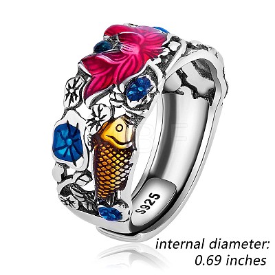 Rhodium Plated 925 Sterling Silver Koi Fish with Lotus Adjustable Ring with Enamel for Women JR930A-1