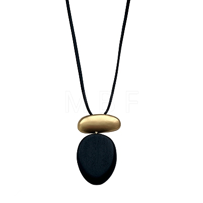 Wood & Alloy Oval Pendant Adjustable Black Waxed Cord Necklaces for Women WG6CE6E-02-1