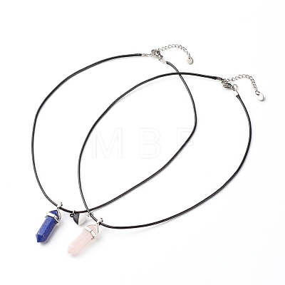 Natural Rose Quartz & Lapis Lazuli Double Terminated Pointed Pendants Necklaces Set for Couples Best Friends NJEW-JN03675-1